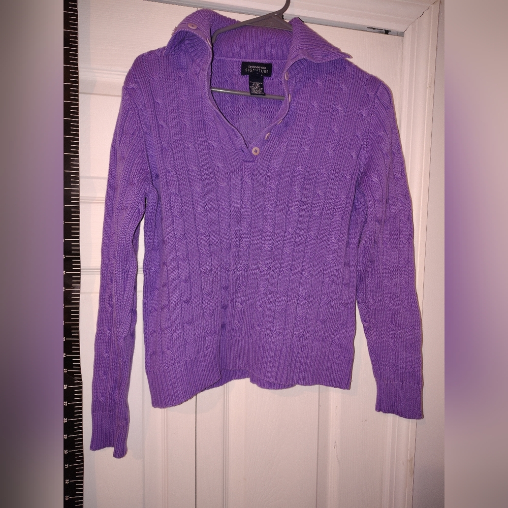 Purple Cable Knit Sweater Ladies Medium V Neck Knit Cable Sweater